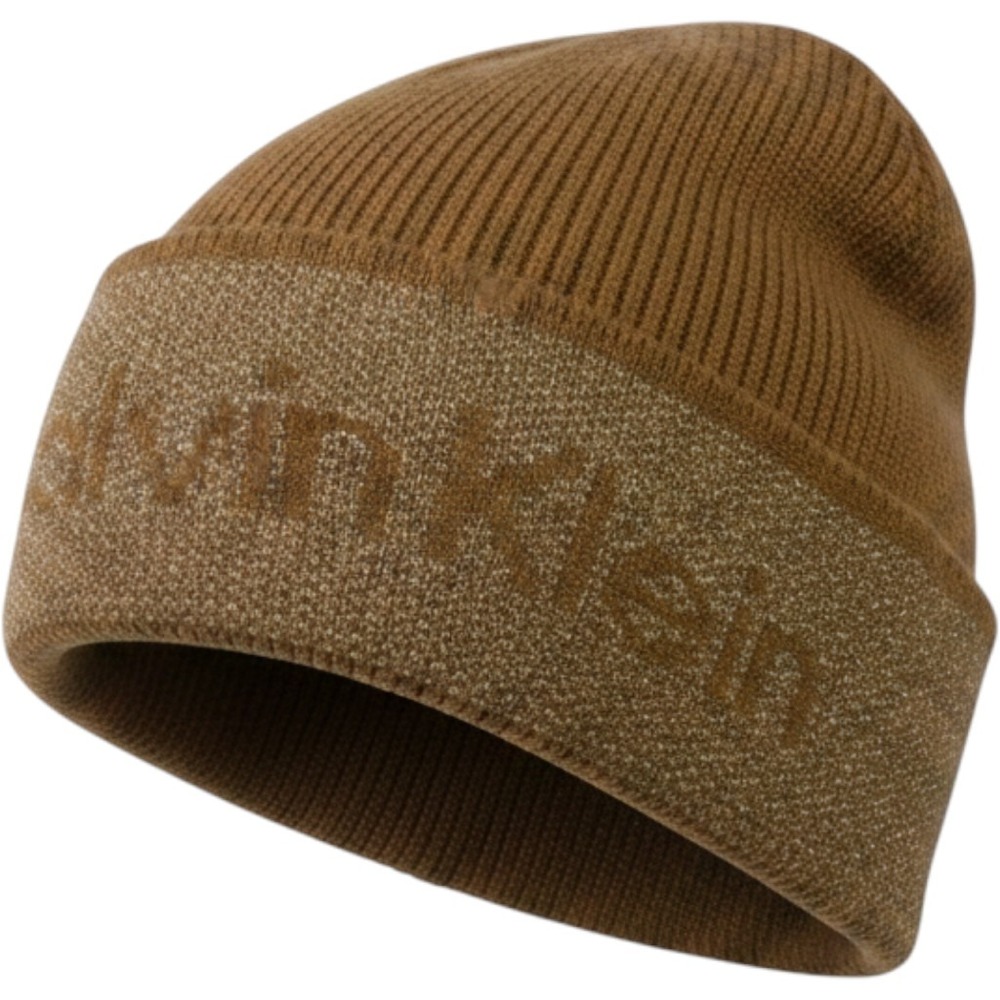 Calvin Klein Camel Brown Faux Fur Lined Ribbed Knit Beanie Hat Logo Cuff